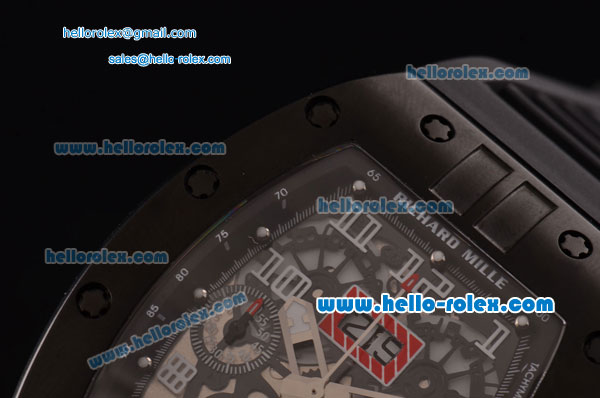Richard Mille RM011 Swiss Valjoux 7750-SHG Automatic Black PVD Case Numeral Markers with Black Rubber Strap and Skeleton Dial - Click Image to Close